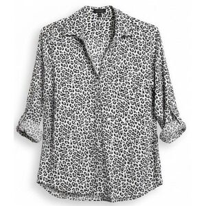 The Limited Womens Leopard Print Button Down Shirt Black White Roll Tab Small